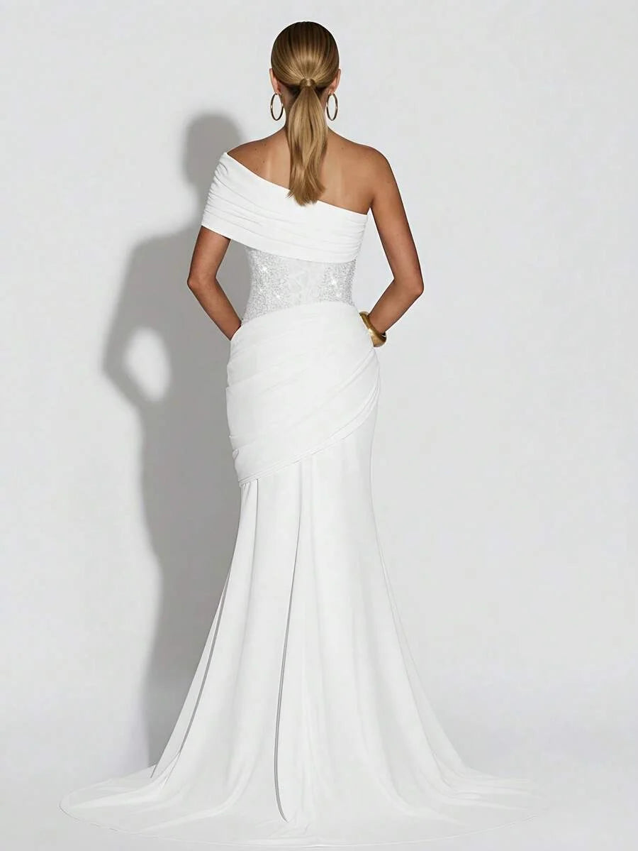 Asymmetric Off-Shoulder Corset Maxi Gown with Train 9