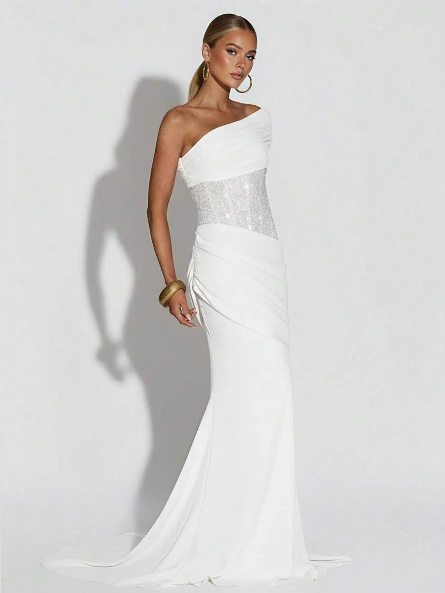 Asymmetric Off-Shoulder Corset Maxi Gown with Train 10