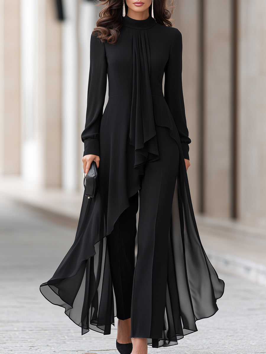Women's Chiffon Tunic and Wide-Leg Pants Set with Draped Neck Scarf 1