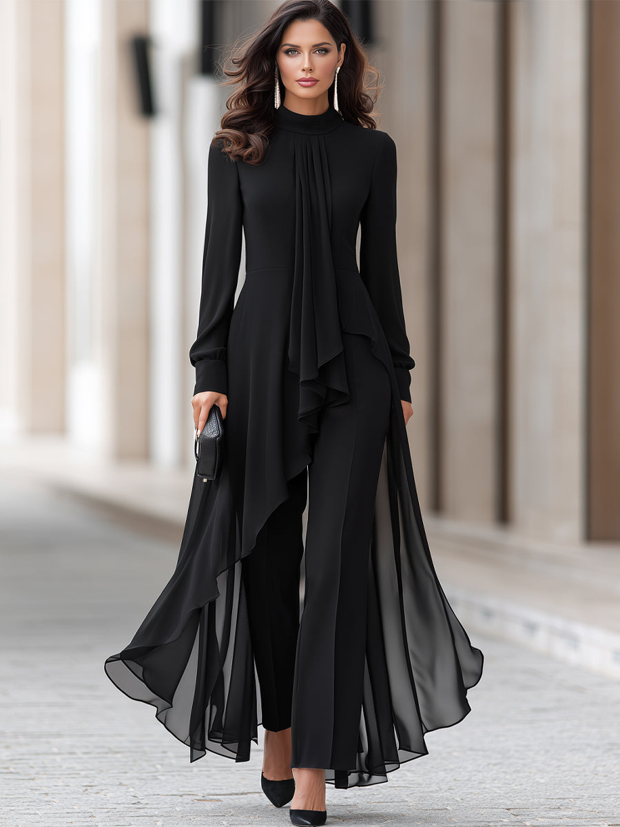 Women's Chiffon Tunic and Wide-Leg Pants Set with Draped Neck Scarf 2