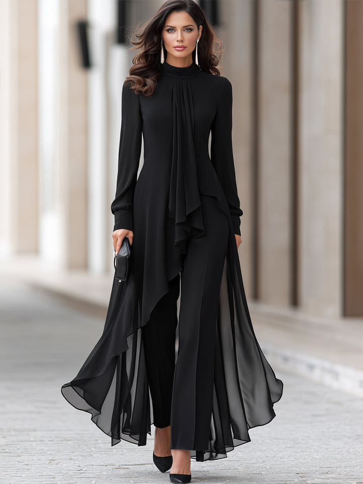 Women's Chiffon Tunic and Wide-Leg Pants Set with Draped Neck Scarf 2