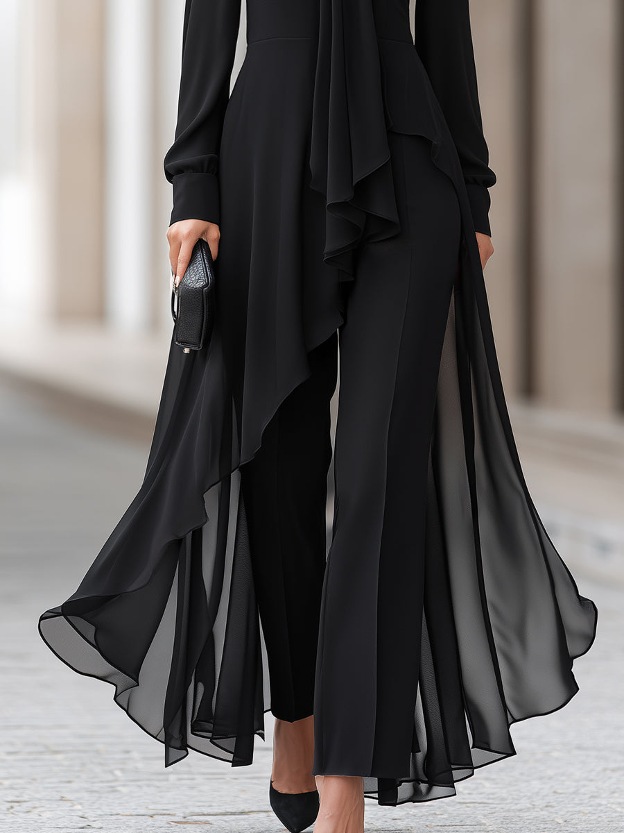 Women's Chiffon Tunic and Wide-Leg Pants Set with Draped Neck Scarf 4