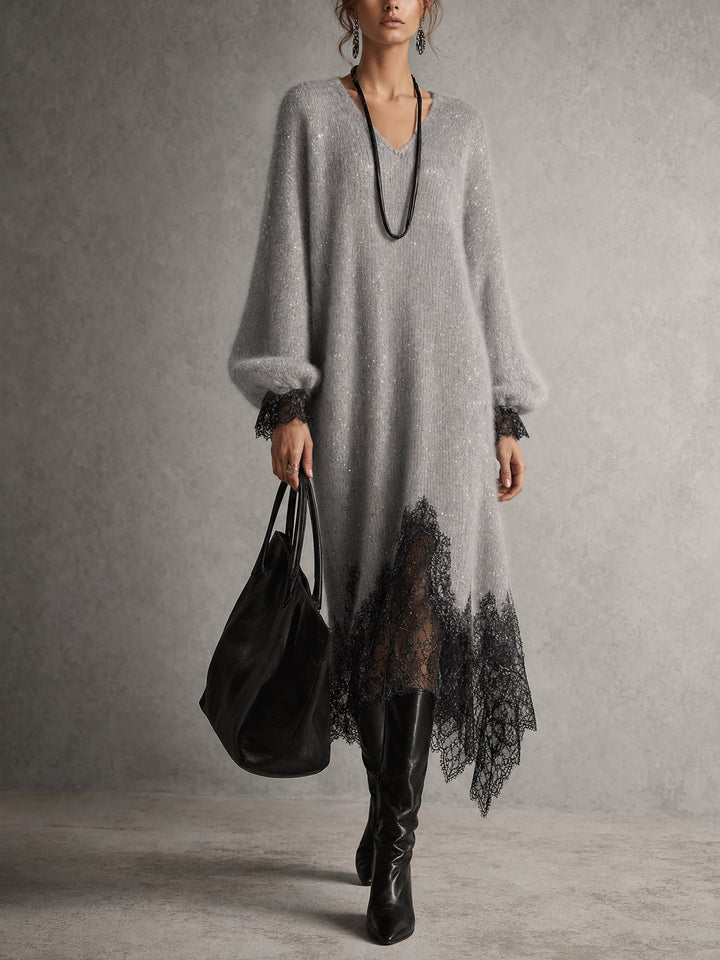 Shimmer Knit Sweater Dress with Lace Hem, V-Neck and Puff Sleeves 1