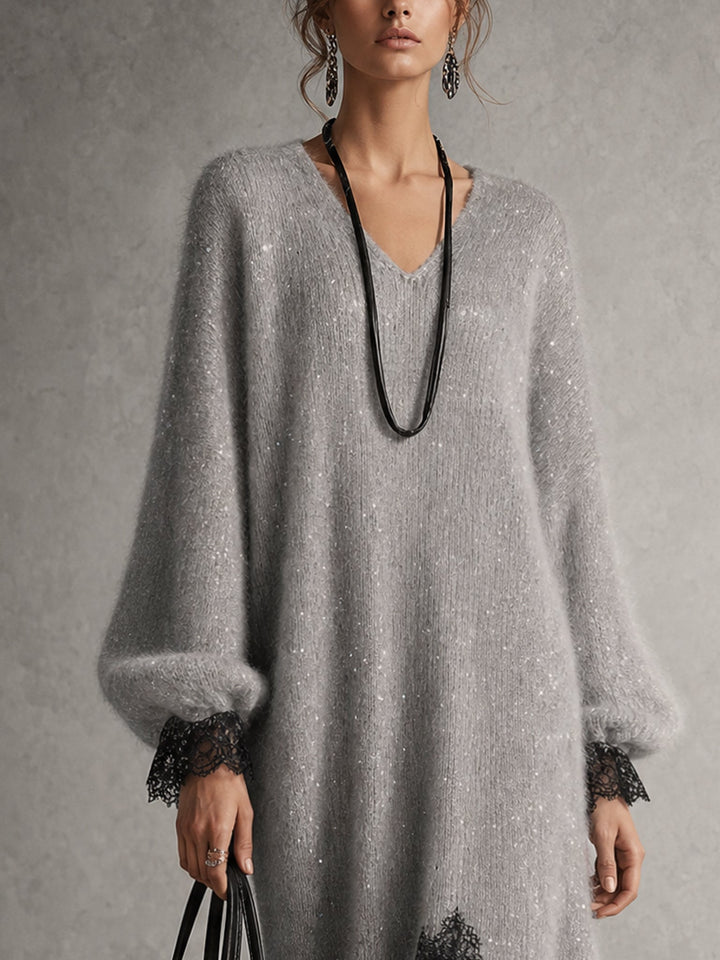 Shimmer Knit Sweater Dress with Lace Hem, V-Neck and Puff Sleeves 6
