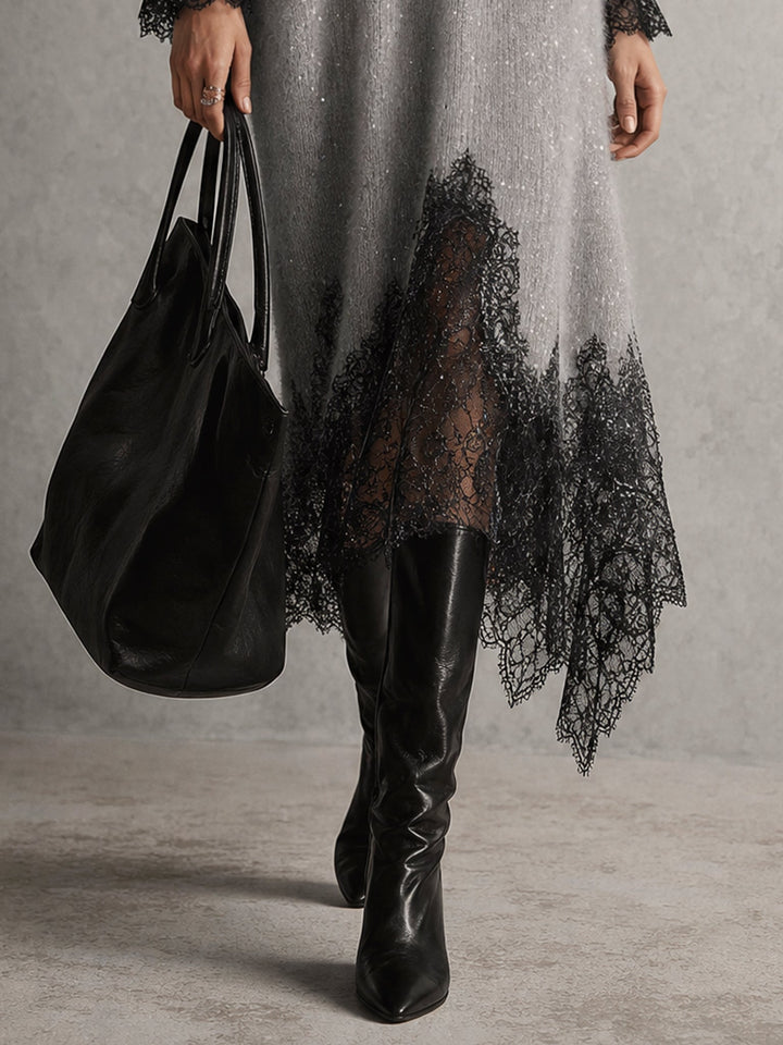Shimmer Knit Sweater Dress with Lace Hem, V-Neck and Puff Sleeves 7