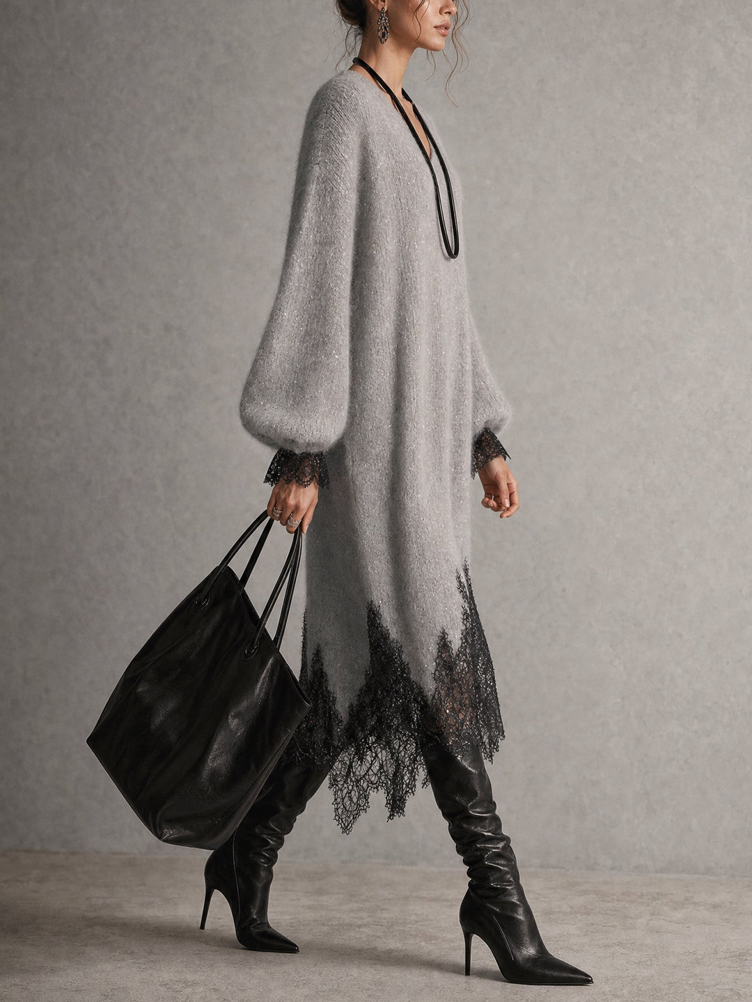 Shimmer Knit Sweater Dress with Lace Hem, V-Neck and Puff Sleeves 5