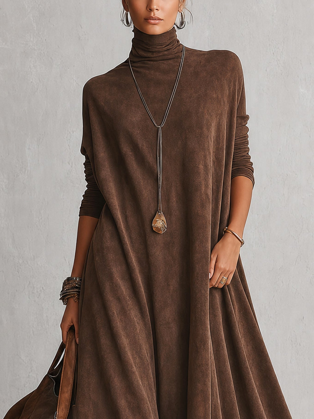 Long Faux Suede Dress with Contrast Lace Hem 2