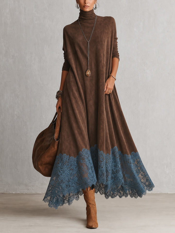 Long Faux Suede Dress with Contrast Lace Hem 1