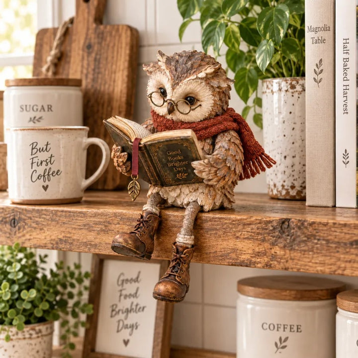 Reading Owl Decorative Figurine with Glasses, Book and Scarf - Cozy Gift for Book Lovers 10