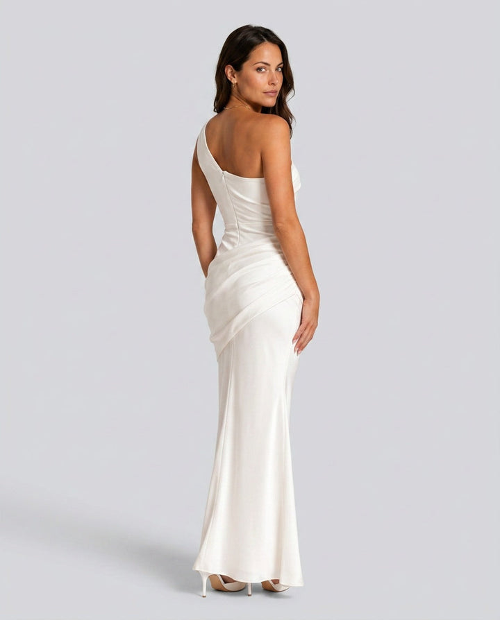One Shoulder Draped Satin Maxi Dress 4