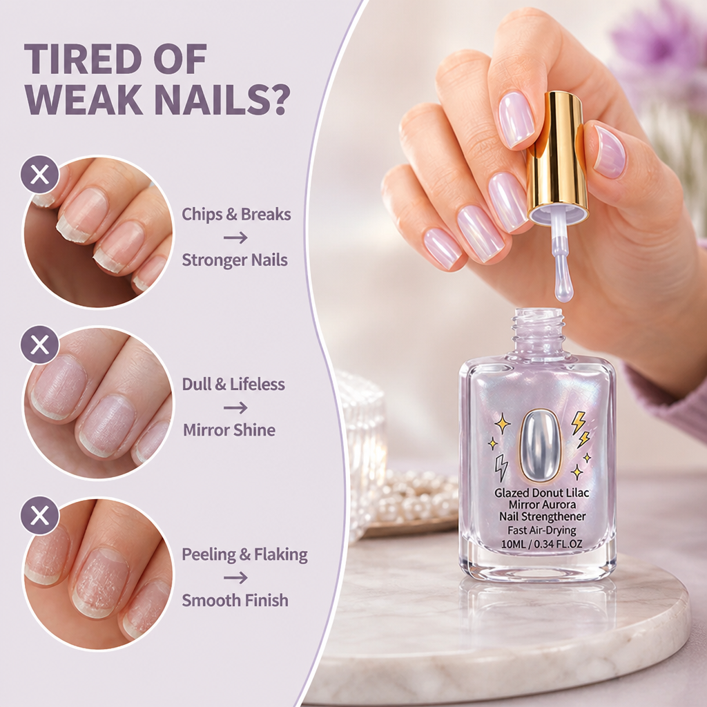 Nail Strengthening Polish with Mirror Lilac Shimmer Finish, Fast Air-Dry, 10ml 2