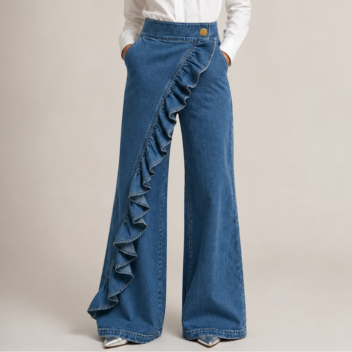 Women's Wide Denim Pants with Asymmetric Ruffle, Culotte Style 1