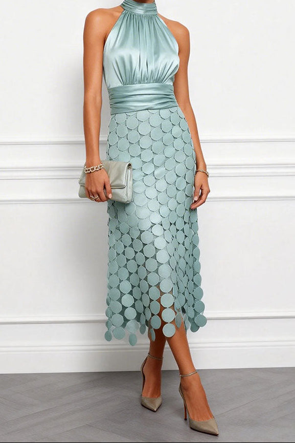 Halter Satin Midi Occasion Dress with Appliqué Skirt 2