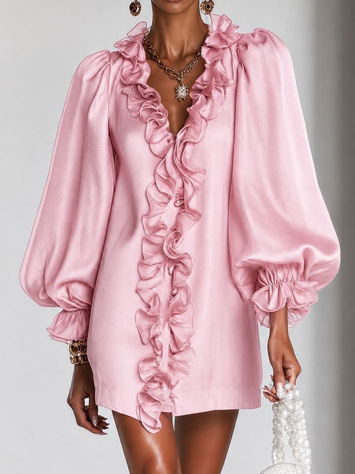 Elegant Ruffled Mini Dress with Puff Sleeves and Subtle Shimmer 8