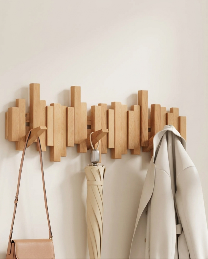 Wooden Wall Coat Rack with Foldable Magnetic Hooks – Beech, 3-10 Hooks 10