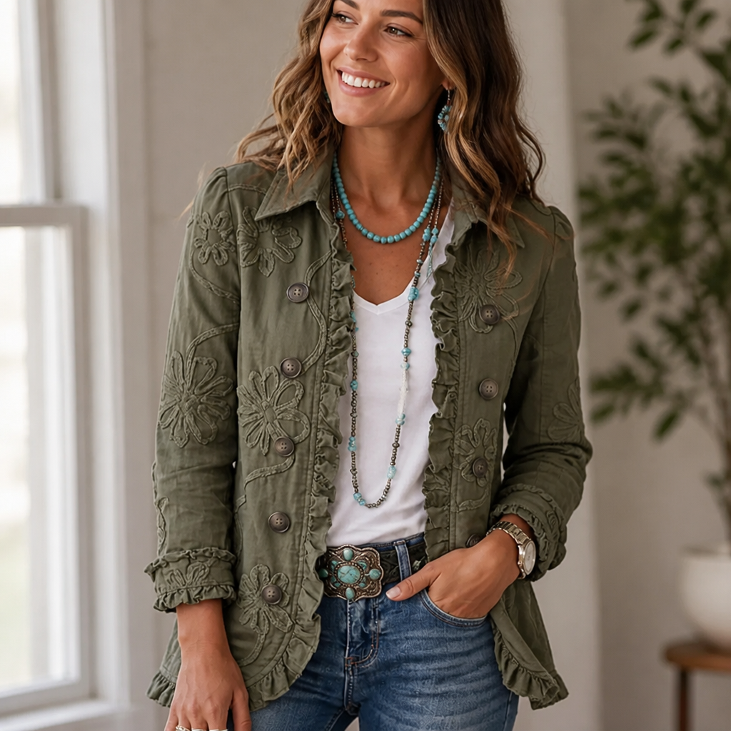 Floral Embroidered Utility Jacket - Vintage Boho Style with Ruffle Trim 1