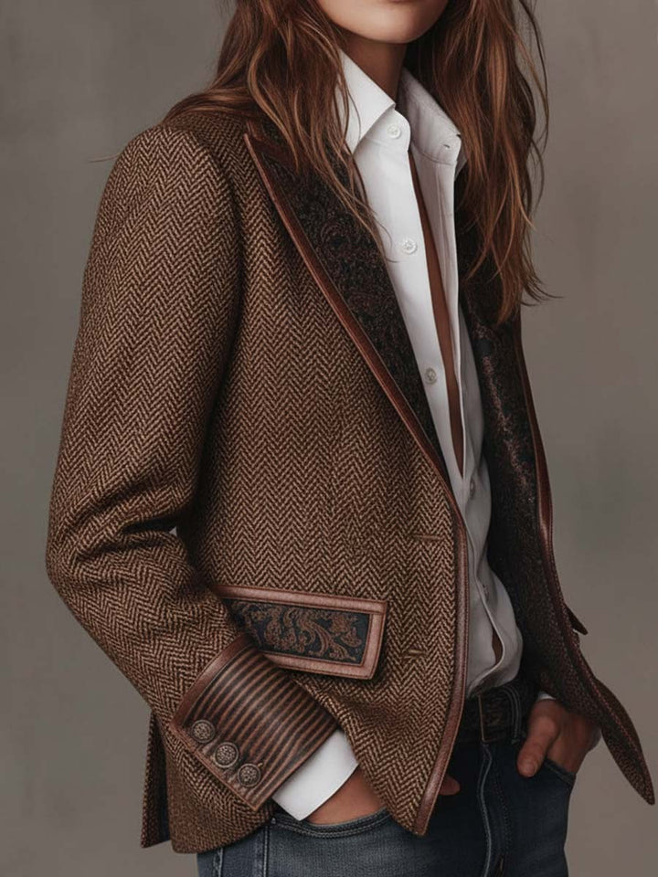 Herringbone Blazer with Patterned Collar and Contrast Lining 9