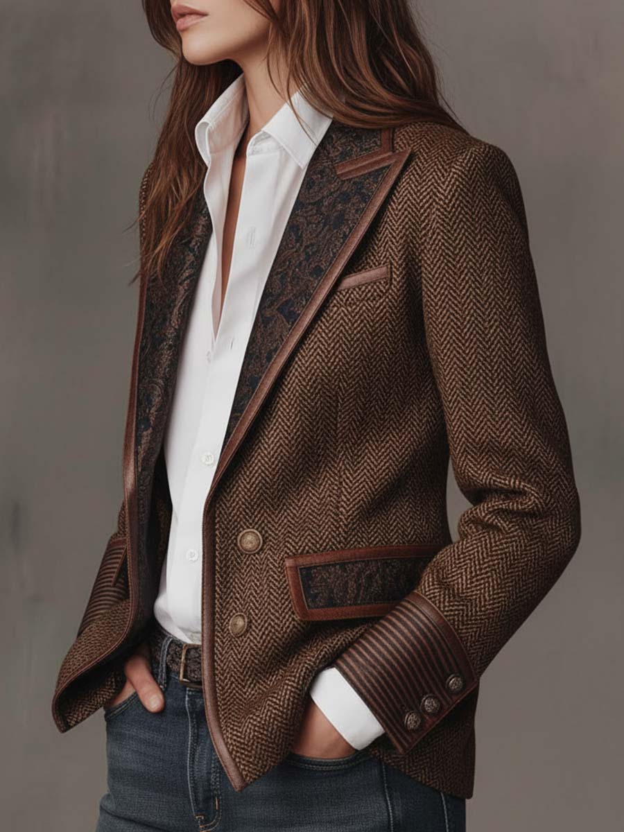 Herringbone Blazer with Patterned Collar and Contrast Lining 10