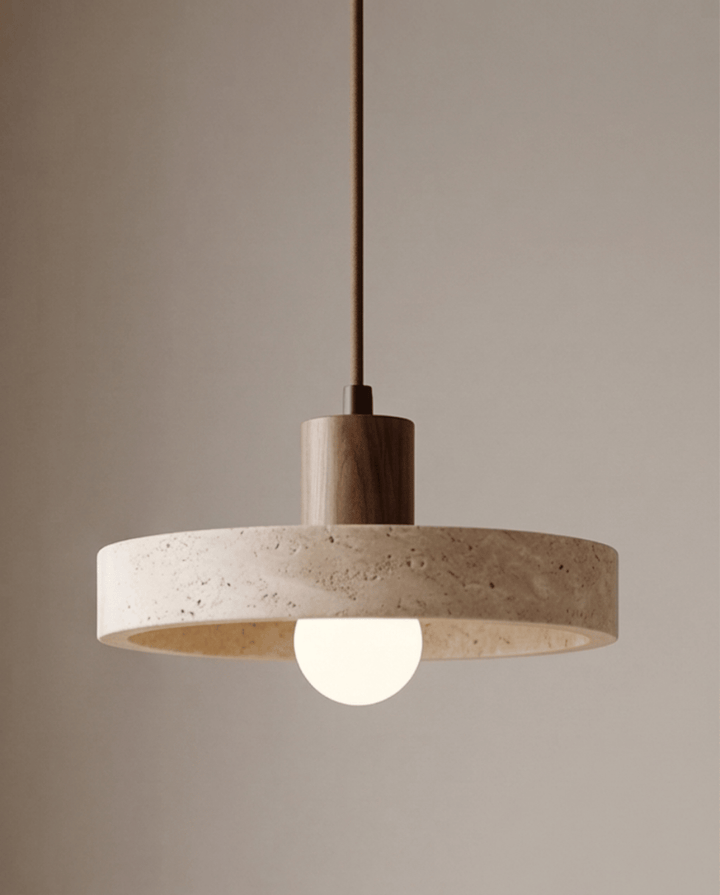 Yellow Travertine Pendant Light with Solid Wood Accent 1