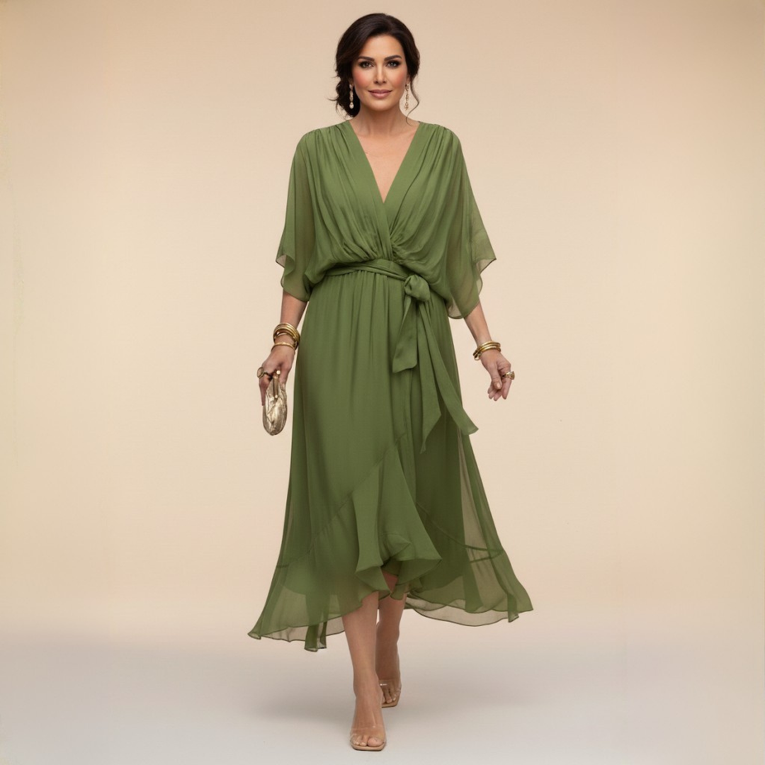 Elegant Flowy Midi Dress for Women – V-Neck & Adjustable Waist 1