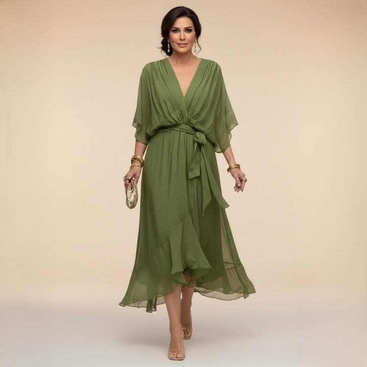 Elegant Flowy Midi Dress for Women – V-Neck & Adjustable Waist 1