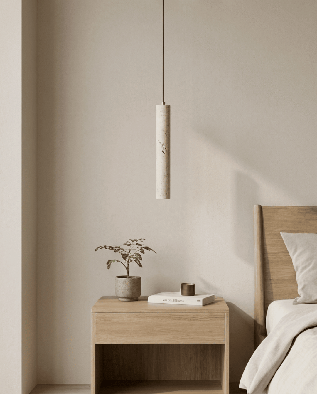 Yellow Travertine Pendant Lamp, Wabi-Sabi Cylinder Design 1