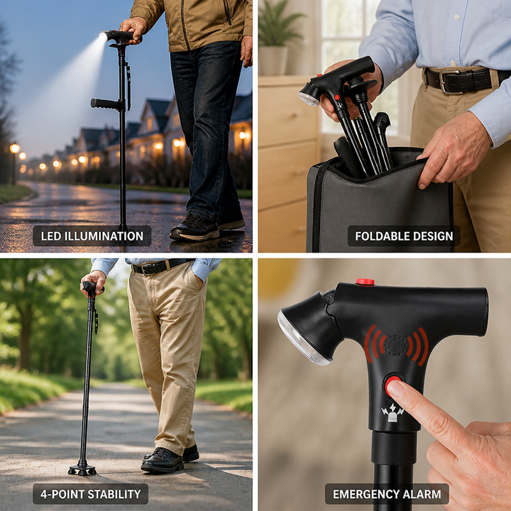 Lightweight Foldable Walking Cane with 4-Point Base, LED Light and Alarm 2