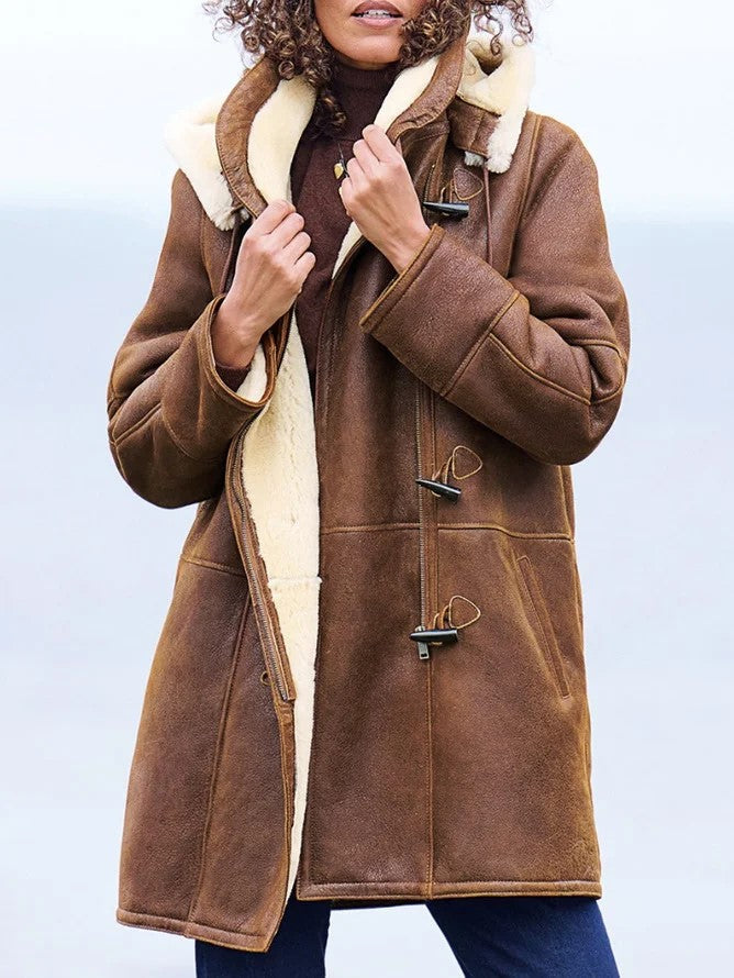 Women's Classic Winter Coat with Soft Lining, Brown, Suede-Look Fabric 1