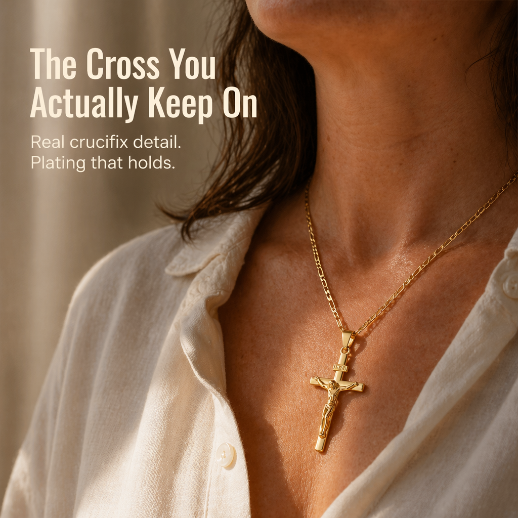 Gold Crucifix Necklace Set with INRI Inscription and Figaro Chain, 2-Pack 1