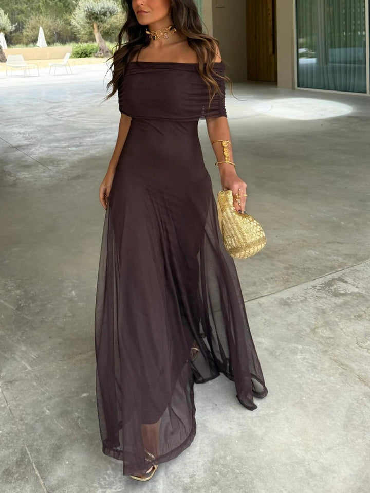 Elegant One-Shoulder Mesh Maxi Dress with Flowing Skirt 1