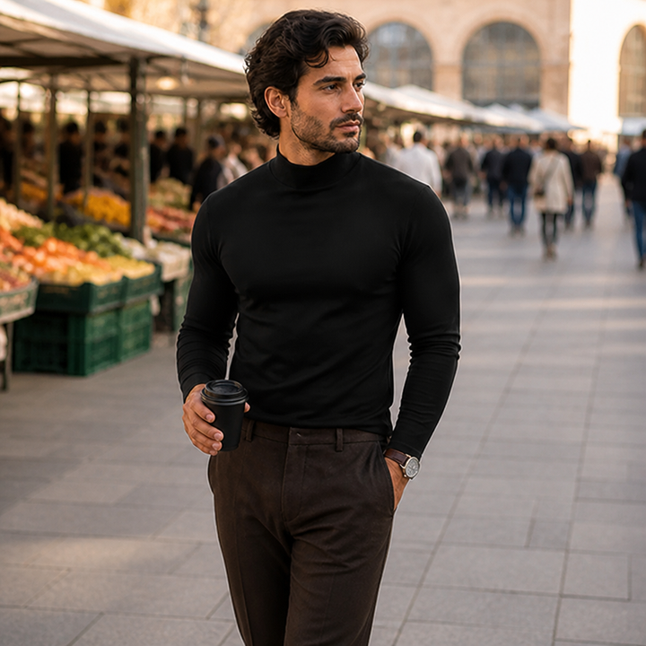 Men's Slim Fit Long Sleeve Tee with Foldable High Neck Collar 2