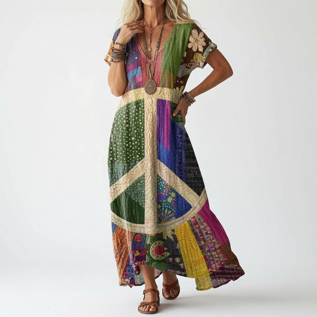 Floral Midi Summer Dress with V-Neck, Short Sleeves and Flowing Cut 2