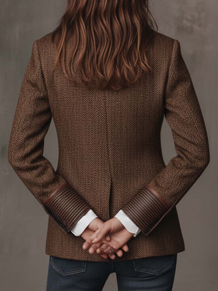 Herringbone Blazer with Patterned Collar and Contrast Lining 11