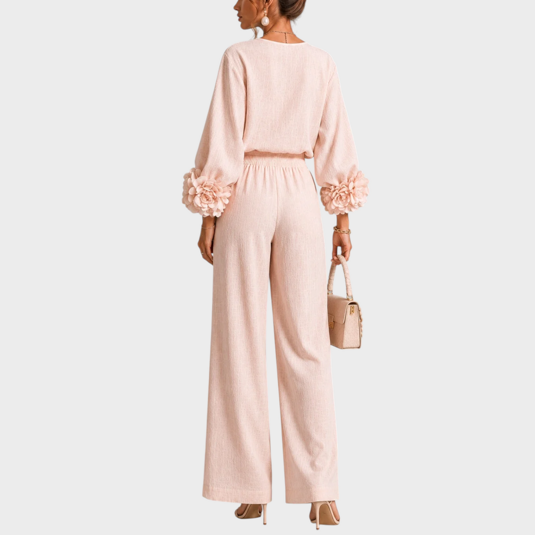 Floral Two-Piece Set with Embellished Top and Wide-Leg High-Waist Pants 8