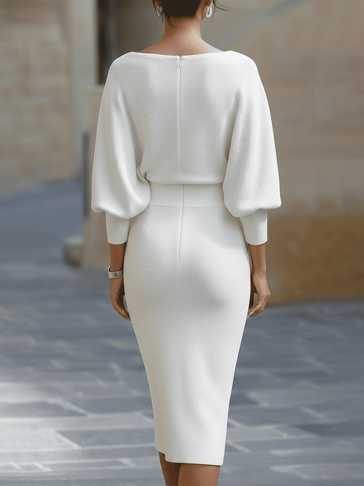 Elegant Draped Midi Dress with Boat Neckline and Fitted Cut 7