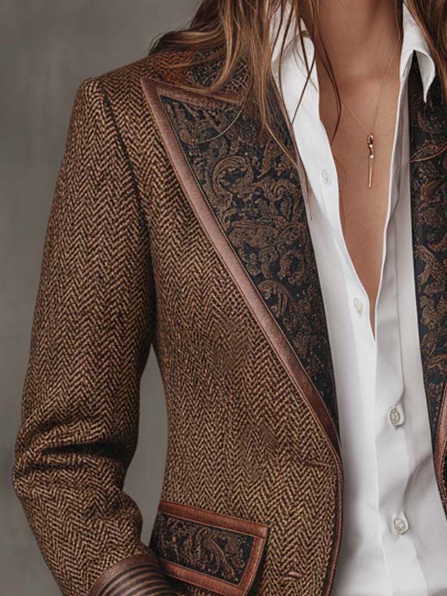 Herringbone Blazer with Patterned Collar and Contrast Lining 5