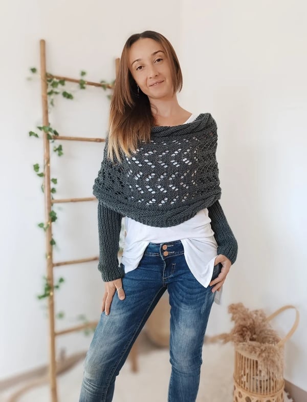 Double Sleeve Wrap Scarf - Cozy Knit Shawl with Built-In Sleeves 14