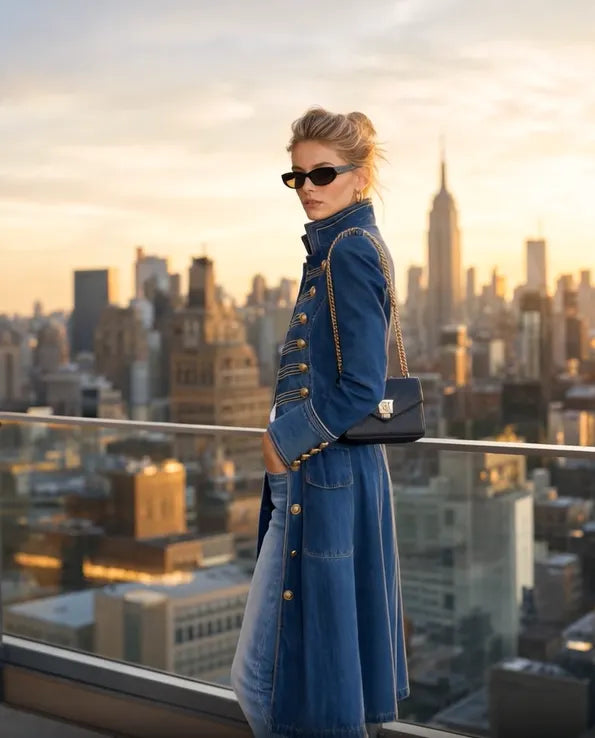 Women's Long Military Style Double-Breasted Coat with Officer Collar 7