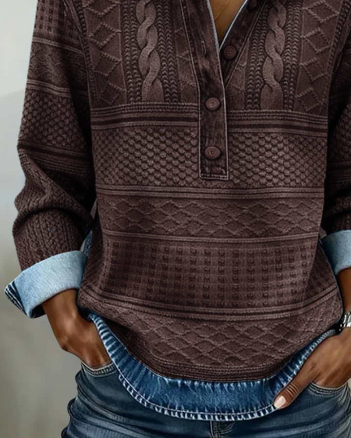 Half-Button Denim-Look Knit Sweater for Women 8