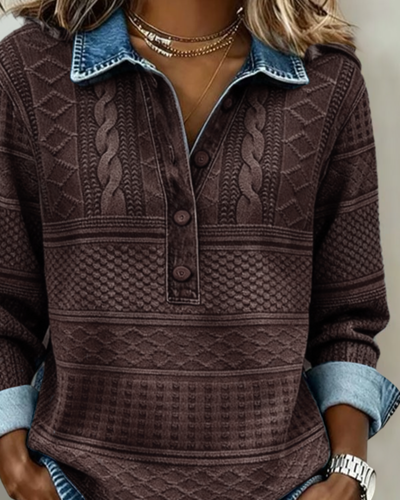 Women's Patterned Sweatshirt with Shirt Collar and Button Front 4