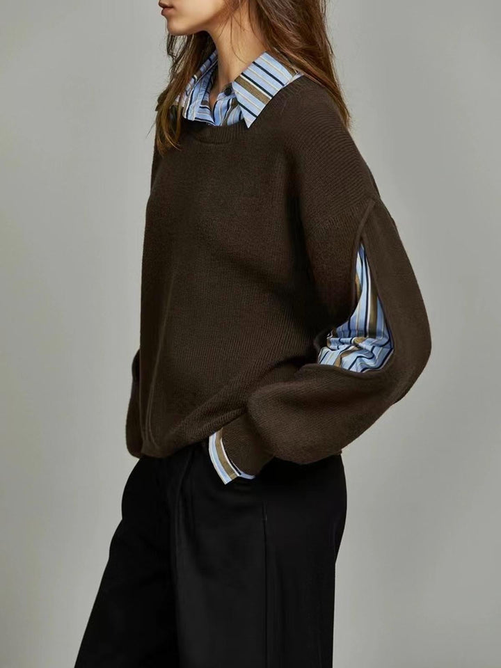 Women's Knit Crew Neck Pullover Sweater with Layered Contrast Collar, Long Sleeve 1