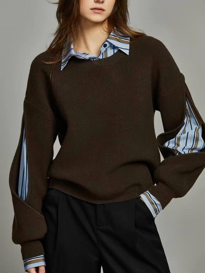 Women's Knit Crew Neck Pullover Sweater with Layered Contrast Collar, Long Sleeve 3