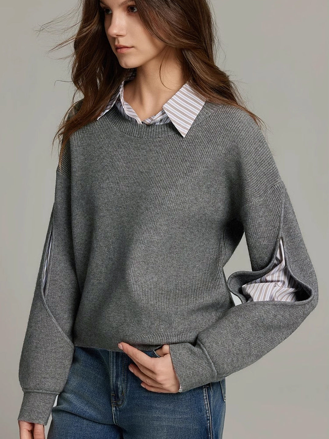 Women's Knit Crew Neck Pullover Sweater with Layered Contrast Collar, Long Sleeve 5