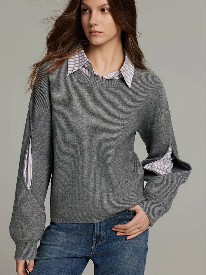 Women's Knit Crew Neck Pullover Sweater with Layered Contrast Collar, Long Sleeve 6