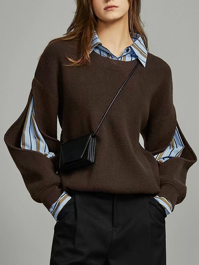 Women's Knit Crew Neck Pullover Sweater with Layered Contrast Collar, Long Sleeve 2
