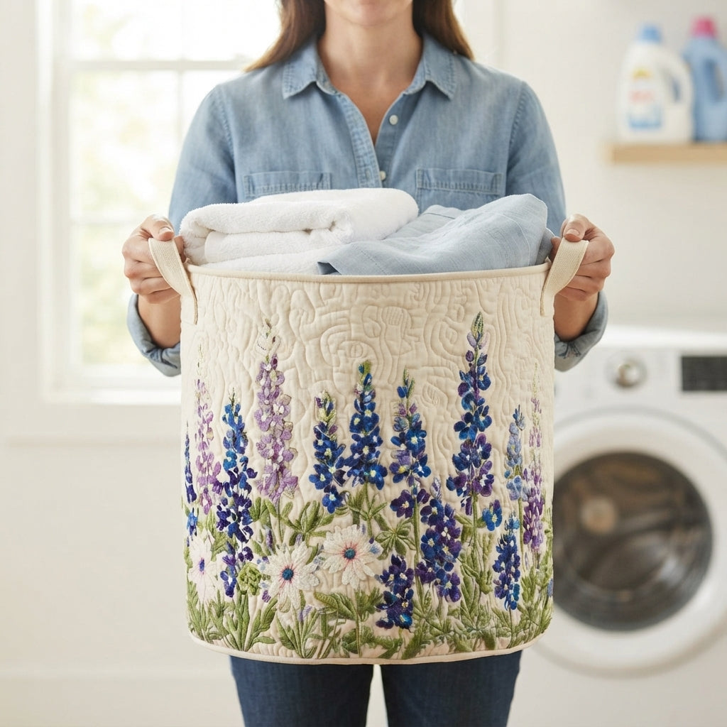 Quilted Wildflower Laundry Basket with Canvas Handles, Self-Standing and Foldable 4