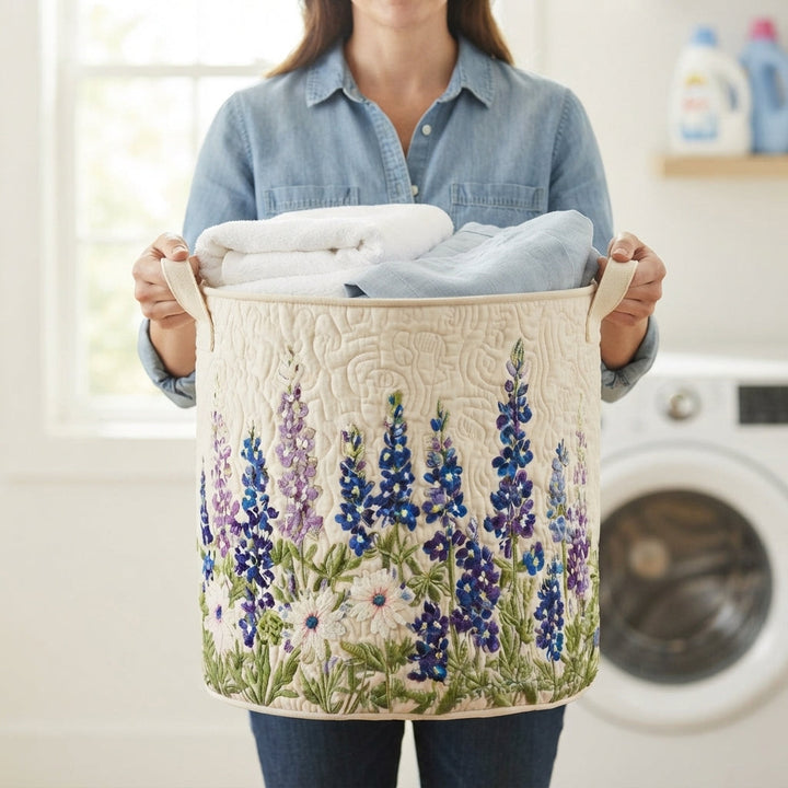 Quilted Wildflower Laundry Basket with Canvas Handles, Self-Standing and Foldable 4