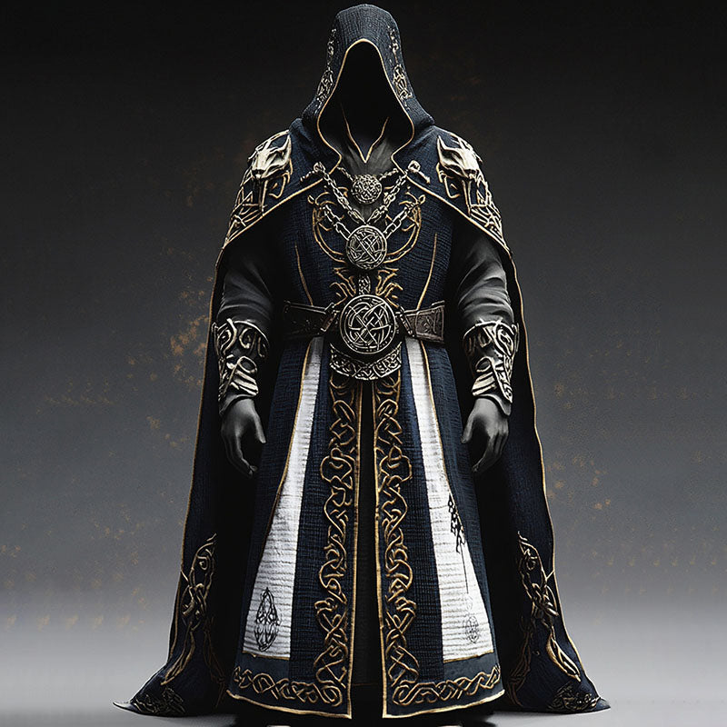 Men's Black Hooded Medieval Robe with Celtic Embroidery, Halloween Costume 1