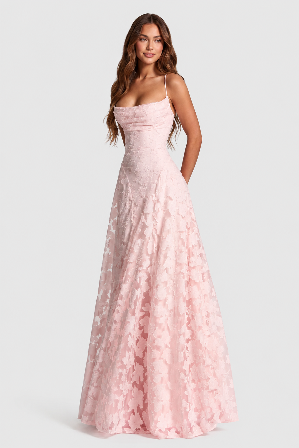 Raised 3D Floral Lace A-Line Midi-Maxi Dress with Draped Neckline 18