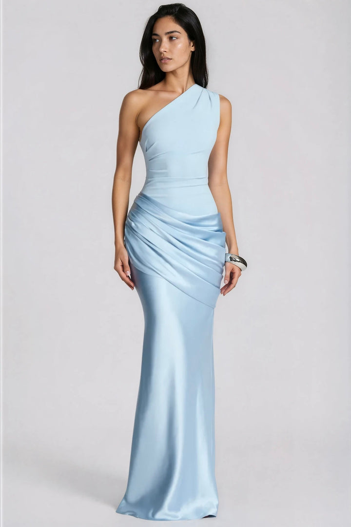 One-Shoulder Satin Maxi Dress with Draped Waist for Formal Events 1